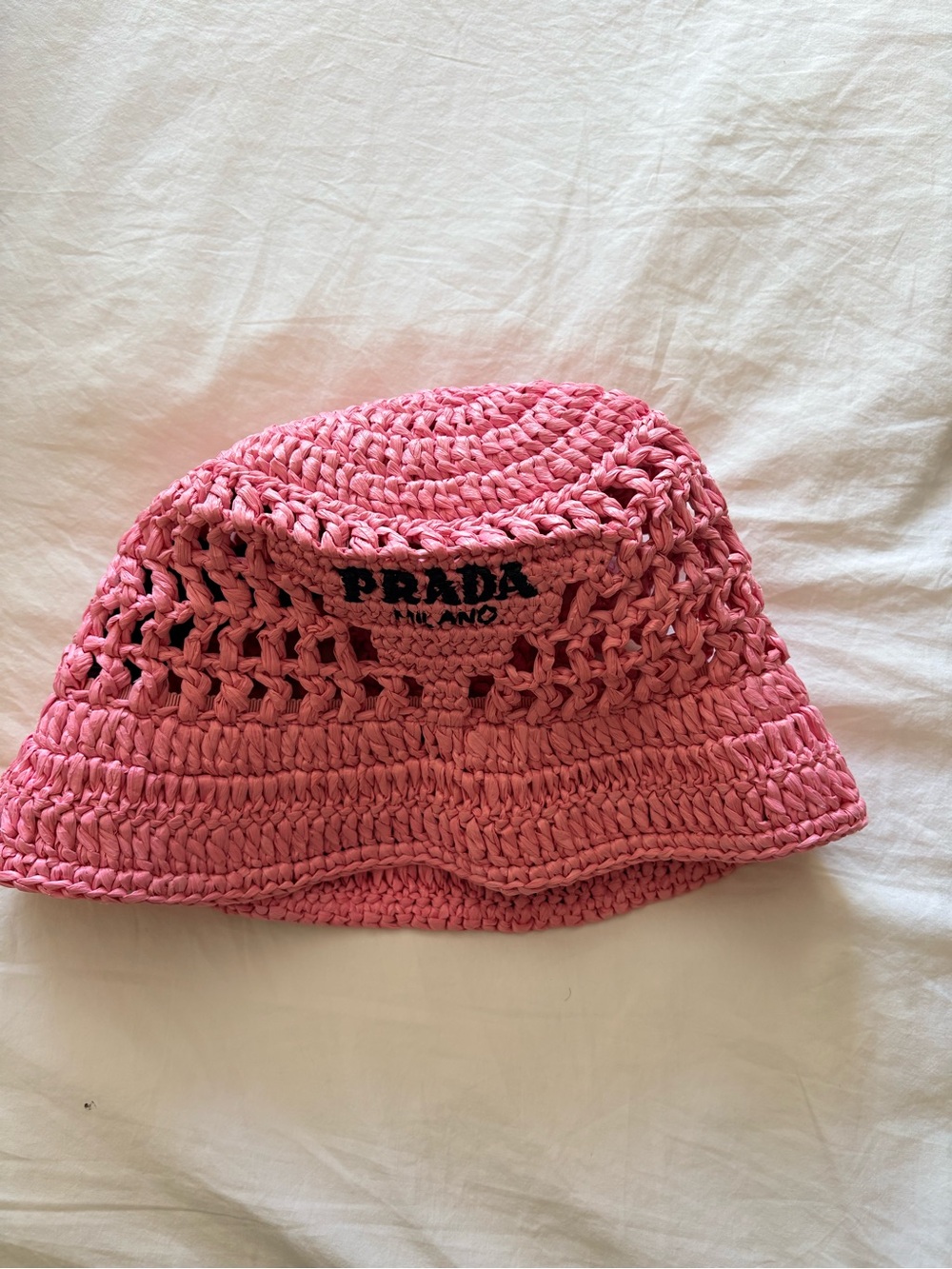 Prada Pink Crochet Raffia Bucket Hat Logo Embroidered - Picture 2 of 3